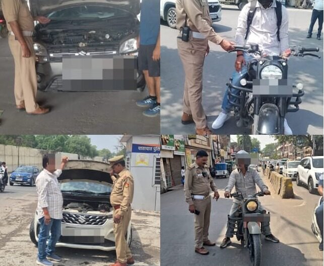कानपुर में ट्रैफिक पुलिस का चेकिंग अभियान, मॉडिफाइड साइलेंसर व प्रेशर हॉर्न वाले वाहनों पर कार्रवाई